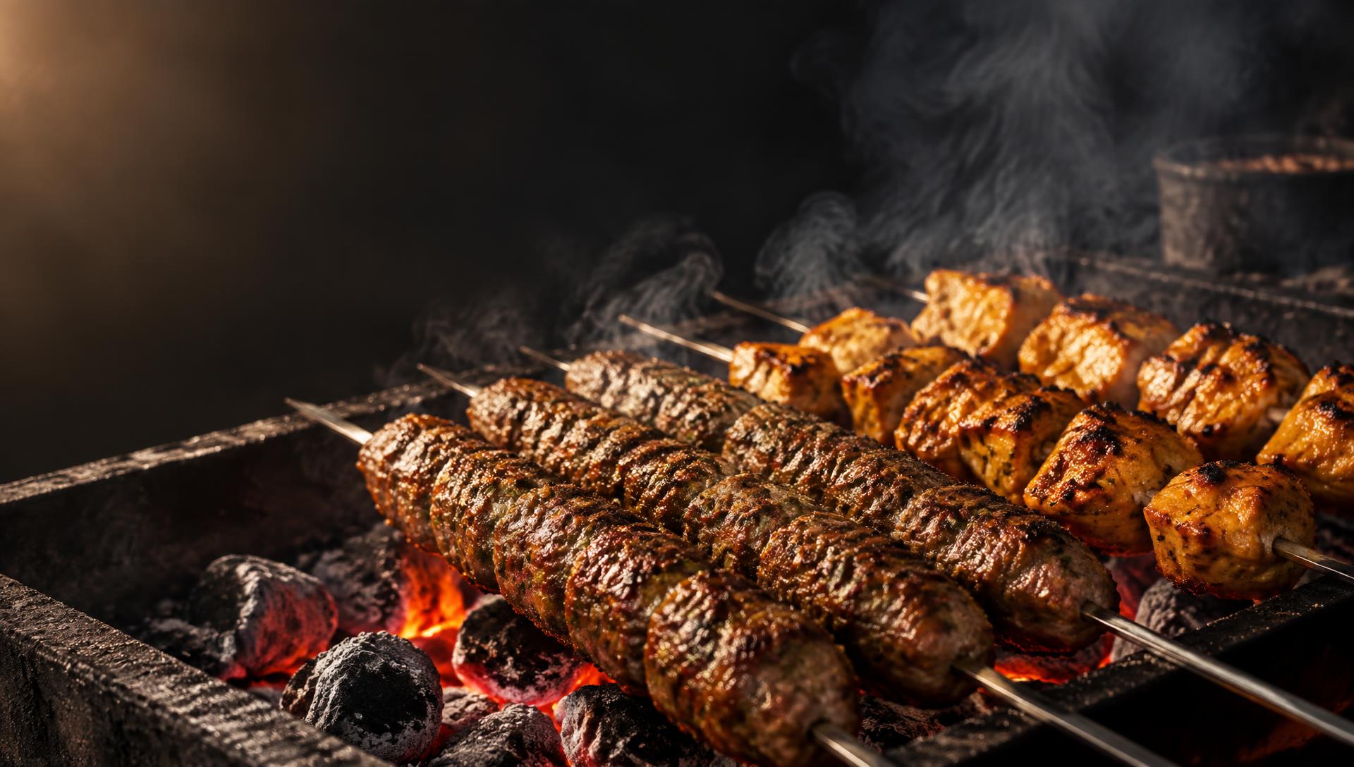 Brochettes de kefta et de poulet grillées sur des braises